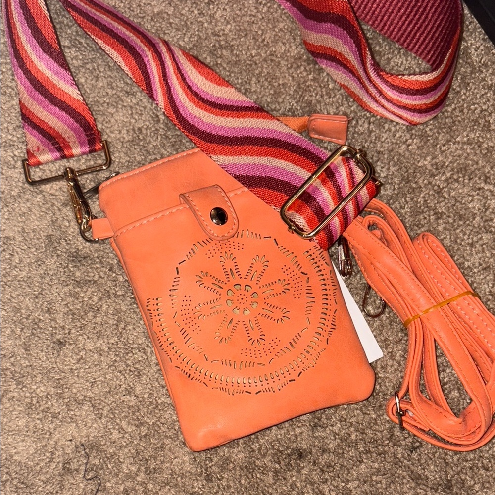 Orange Vegan Leather Crossbody Bag with Interchangeable Straps